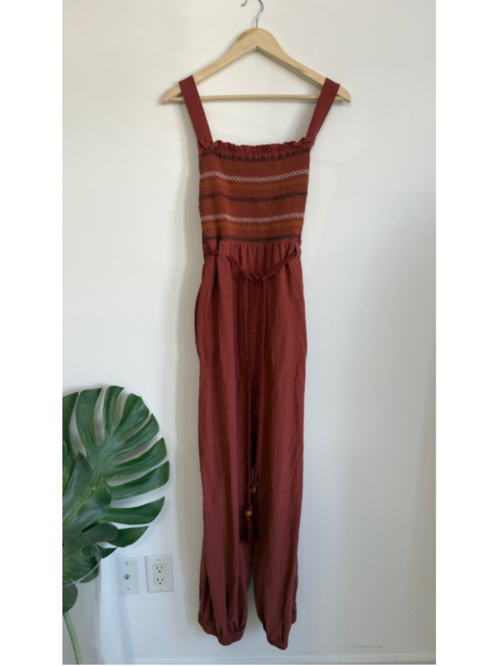 Free People Sienna Smocked Jumpsuit L Rust Linen Blend Boho Tie Back Rope Belt